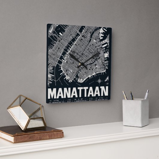 Manhattan Map Illustration Quadratische Wanduhr (Büro)