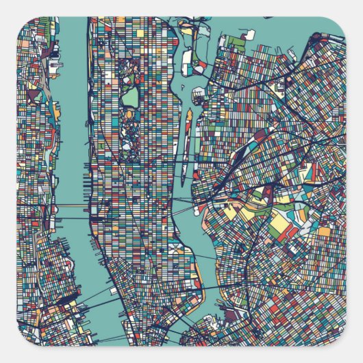 Manhattan New York Map Quadratischer Aufkleber (Vorderseite)
