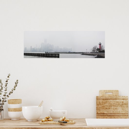 Manhattan Skyline in Nebel mit Leuchtturm Poster (Küche)