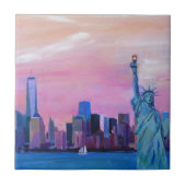 Manhattan-Skyline mit Freiheitsstatuen Fliese (Vorderseite)