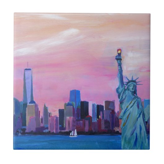 Manhattan-Skyline mit Freiheitsstatuen Fliese (Vorderseite)