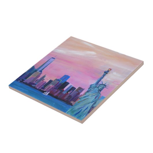Manhattan-Skyline mit Freiheitsstatuen Fliese (Seite)