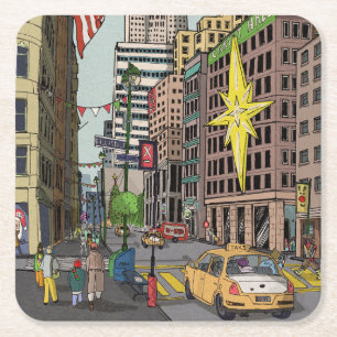 Manhattan Winter New York Weihnachts-Illustration Rechteckiger Pappuntersetzer