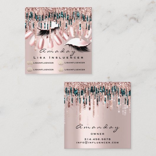 Manicure Nail Artist Tropfens Glitzer Soziale Rose Quadratische Visitenkarte (Vorne/Hinten)