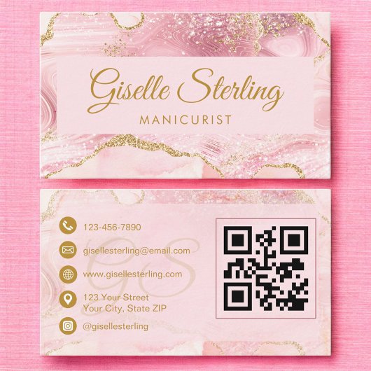 Manicurist Blush Pink Gold Agate QR Code Visitenkarte