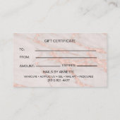 Manicurist Nail Tech Rose Marble Gift Certificate  Visitenkarte (Rückseite)