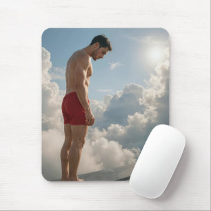 Mann auf einem Sprungbrett in den Wolken Mousepad