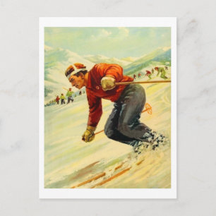 Mann auf Skipiste, Berge, Winterurlaub, Vintag Postkarte