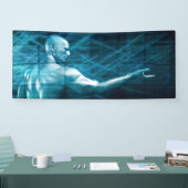 Mann, der ein Konzept als Schablonen-Hintergrund Banner (Messe)