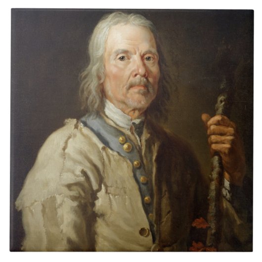 Mann, der ein Personal, c.1800 (Öl, hält auf Fliese (Vorderseite)