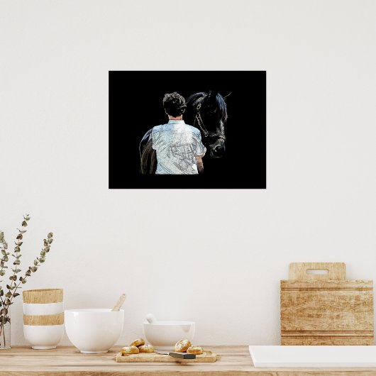 Mann, der ein schwarzes Pferd hält Poster (Küche)
