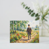Mann, der Feldweg mit Cavalier Spaniel entlangläuf Postkarte (Stehend Vorderseite)