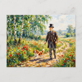 Mann, der Feldweg mit Cavalier Spaniel entlangläuf Postkarte