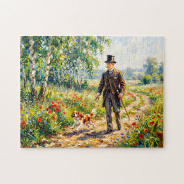 Mann, der Feldweg mit Cavalier Spaniel entlangläuf Puzzle