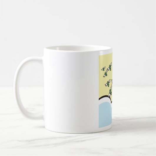 Mann, der mit Flügeln auf Geld zeigt Kaffeetasse (Links)