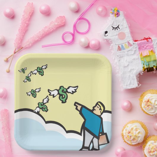 Mann, der mit Flügeln auf Geld zeigt Pappteller (Party)