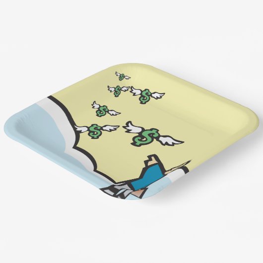 Mann, der mit Flügeln auf Geld zeigt Pappteller (Gewinkelt)