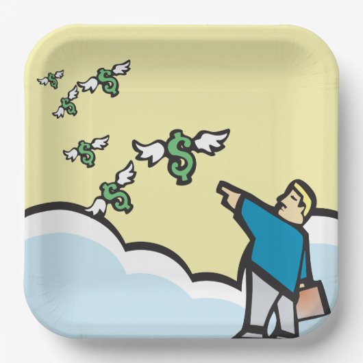 Mann, der mit Flügeln auf Geld zeigt Pappteller (Vorderseite)