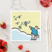 Mann, der mit Flügeln auf Geld zeigt Serviette (Beispiel)