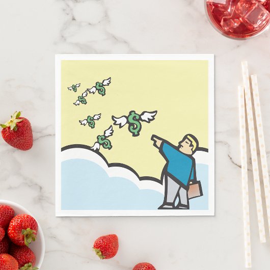 Mann, der mit Flügeln auf Geld zeigt Serviette