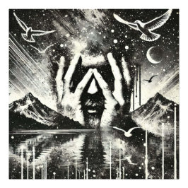 Mann, der seinen Kopf in den Palmen hält, schwarz  Fotodruck