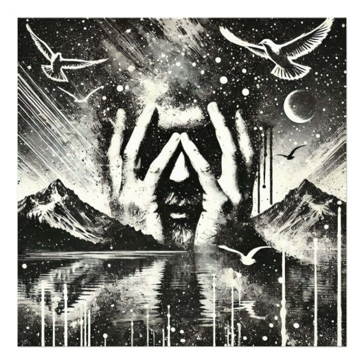 Mann, der seinen Kopf in den Palmen hält, schwarz  Fotodruck (Vorne)