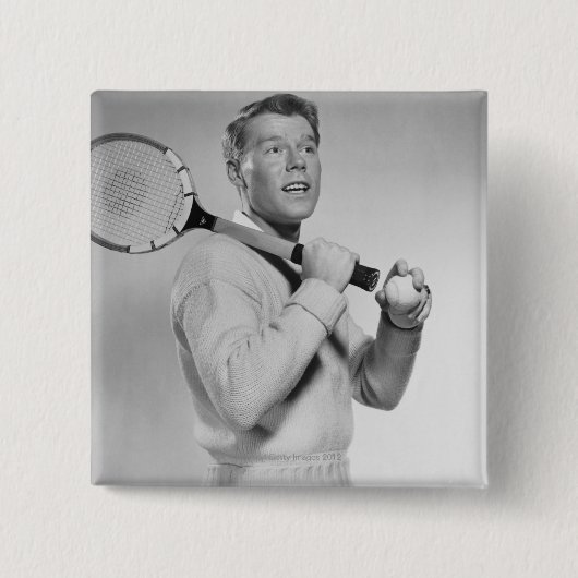 Mann, der Tennis-Schläger hält Button (Vorderseite)