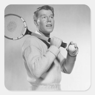 Mann, der Tennis-Schläger hält Quadratischer Aufkleber
