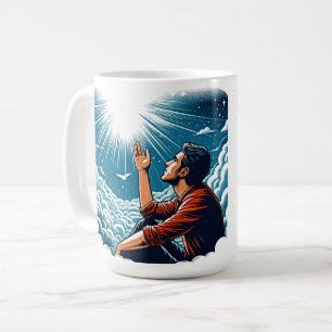 Mann, der zum Himmel aufblickt und MIT gOTT sprich Kaffeetasse
