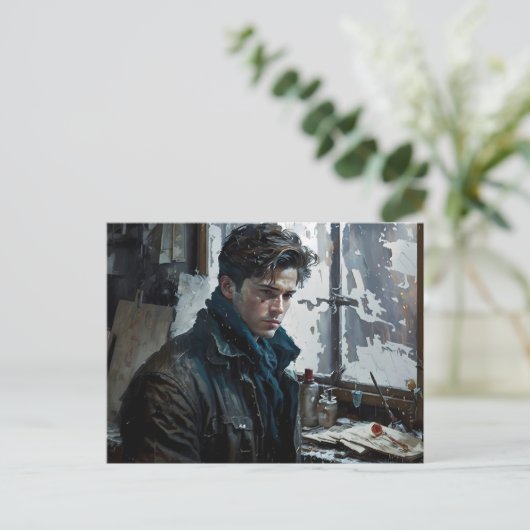 Mann Dichter schönes Portrait Winter kühn Kunst Postkarte (Stehend Vorderseite)