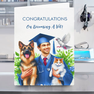 Mann Gratulation Tierarzt mit Hunden und Katze Karte