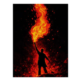Mann hält riesige Feuerfackel Dramatische Silhouet Poster