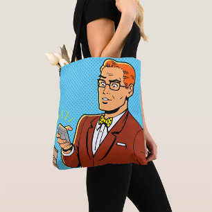 Mann im Comic-Stil betrachtet Mobiltelefon Tasche