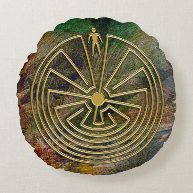 MANN IM MAZE Gold + Ihr Hintergrund Rundes Kissen (Vorderseite)