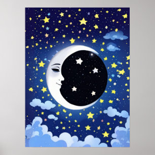 Mann im Mond vor einem sternenklaren Hintergrund Poster