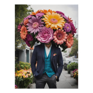 Mann in Anzug mit Blumen auf dem Kopf Poster
