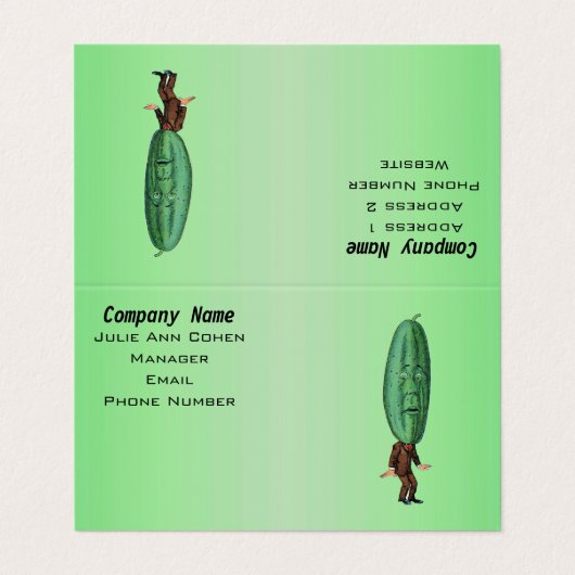 Mann mit Big Pickle Kopf und Gesicht im Anzug auf Visitenkarten (Außenseite Aufgefaltet)