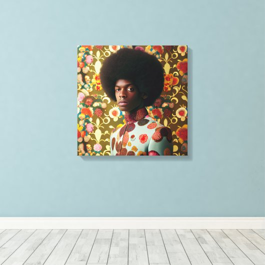 Mann mit einem afro stehend vor einem Blumenwald Leinwanddruck (Insitu (Holzboden))