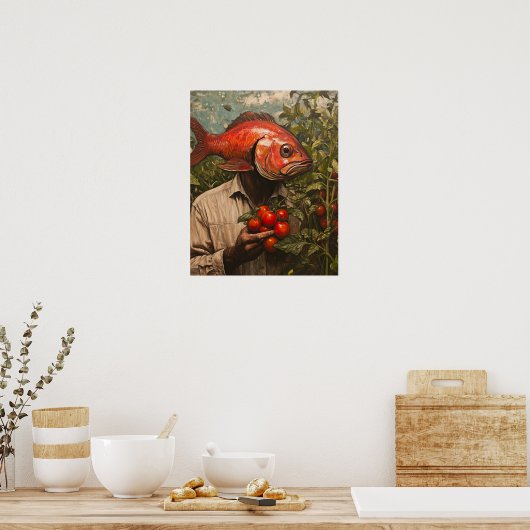 Mann mit Fisch Für einen Kopf im Tomatengarten Poster (Küche)