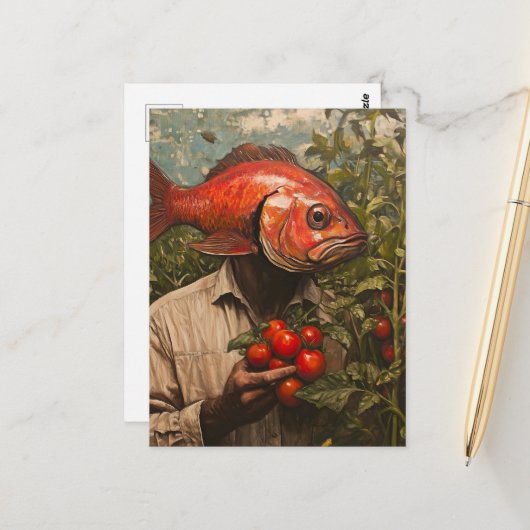 Mann mit Fisch Für einen Kopf im Tomatengarten Postkarte (Vorderseite/Rückseite Beispiel)