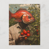 Mann mit Fisch Für einen Kopf im Tomatengarten Postkarte (Vorderseite)