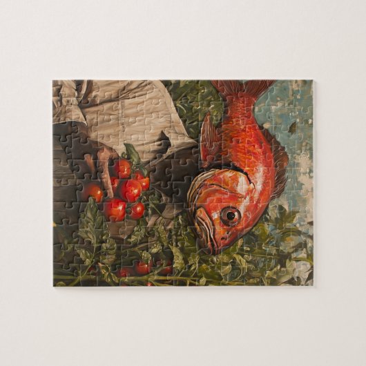 Mann mit Fisch Für einen Kopf im Tomatengarten Puzzle (Horizontal)