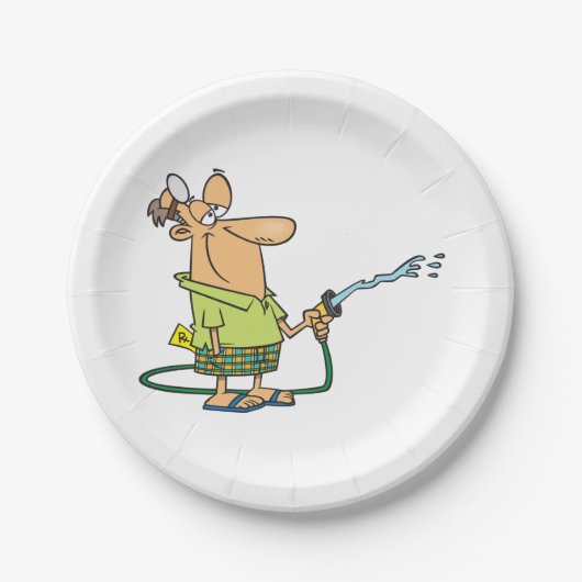 Mann mit Gartenschlauch Pappteller (Vorderseite)