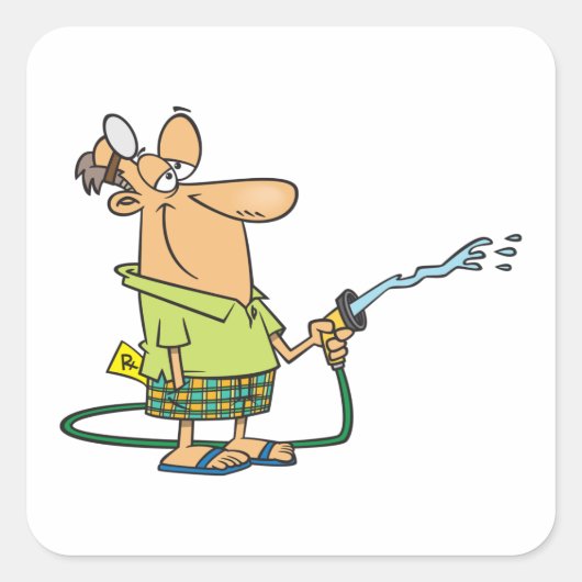 Mann mit Gartenschlauch Quadratischer Aufkleber (Vorderseite)