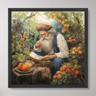 Mann mit grauem Bart lesend in seinem Obstgarten Poster