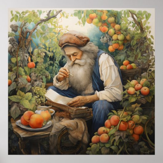 Mann mit grauem Bart lesend in seinem Obstgarten Poster (Vorne)