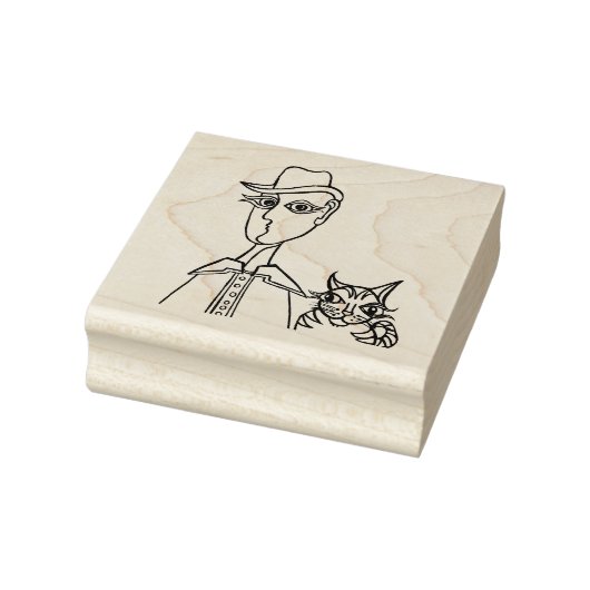 Mann mit Hut und Katze - Briefmarke der Holzkunst Gummistempel (Stempel)