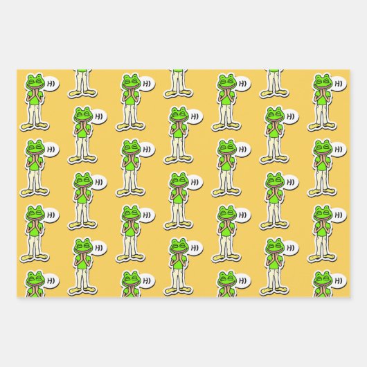 Mann mit lächelndem Froschkopf auf gelber KI Art Geschenkpapier Set (Vorderseite)