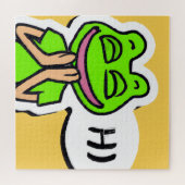 Mann mit lächelndem Froschkopf auf gelber KI Art Puzzle (Horizontal)