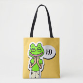 Mann mit lächelndem Froschkopf auf gelber KI Art Tasche (Vorderseite)